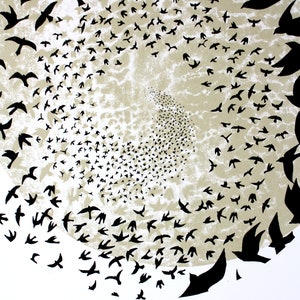 Murmuration art, hand printed screen print, Limited edition print, 50 x 70 bird print, black and gold poster print zdjęcie 6