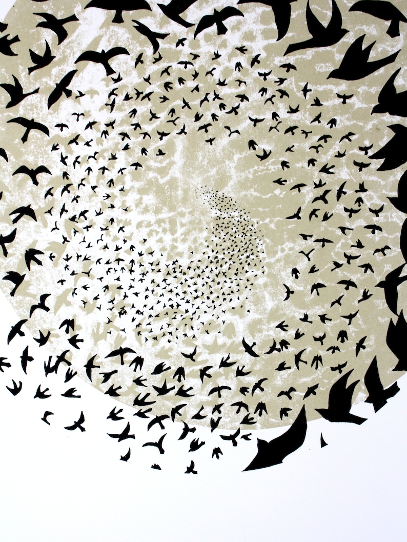 Murmuration art, hand printed screen print, Limited edition print, 50 x 70 bird print, black and gold poster print zdjęcie 6