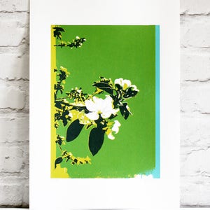 Floral art, blossom screen print, hand printed art, limited edition Spring blossom print, green print image 1