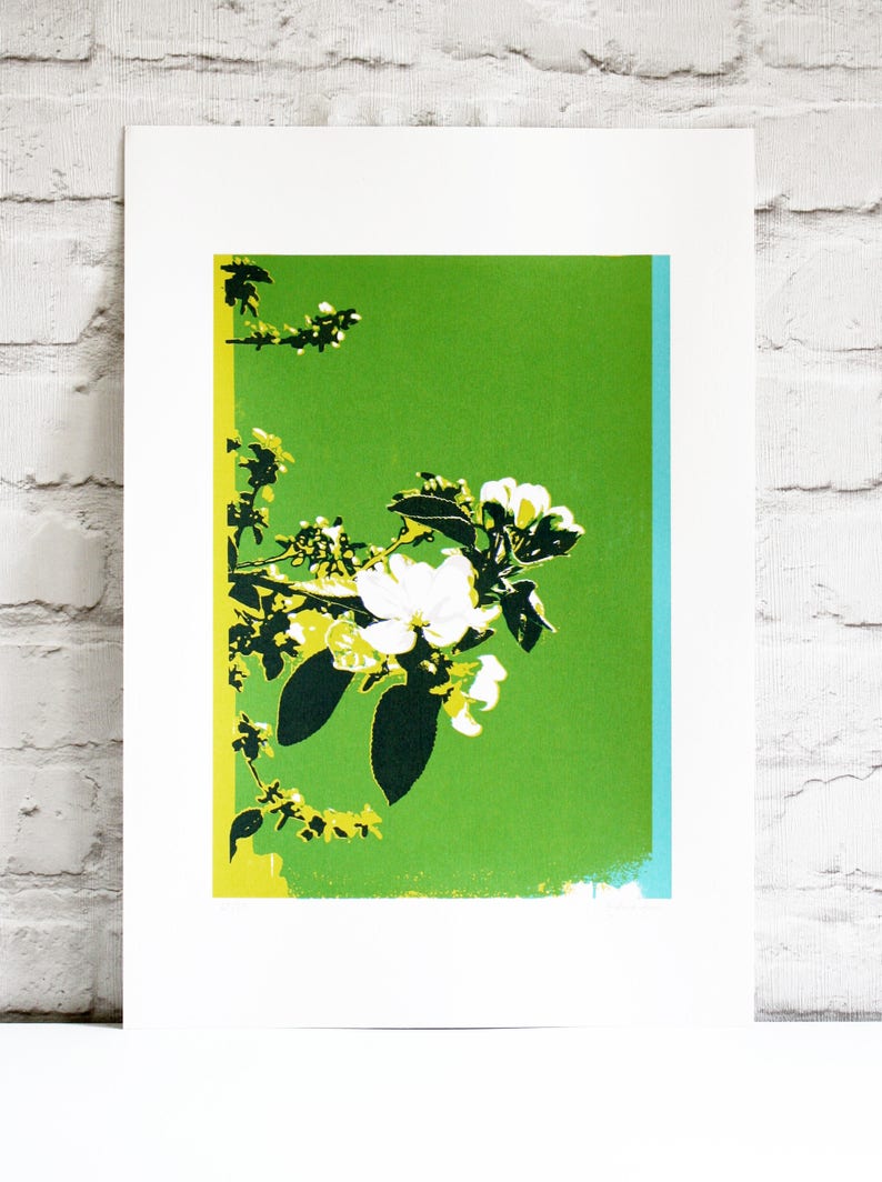 Floral art, blossom screen print, hand printed art, limited edition Spring blossom print, green print image 1