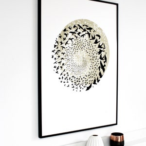 Murmuration art, hand printed screen print, Limited edition print, 50 x 70 bird print, black and gold poster print zdjęcie 4