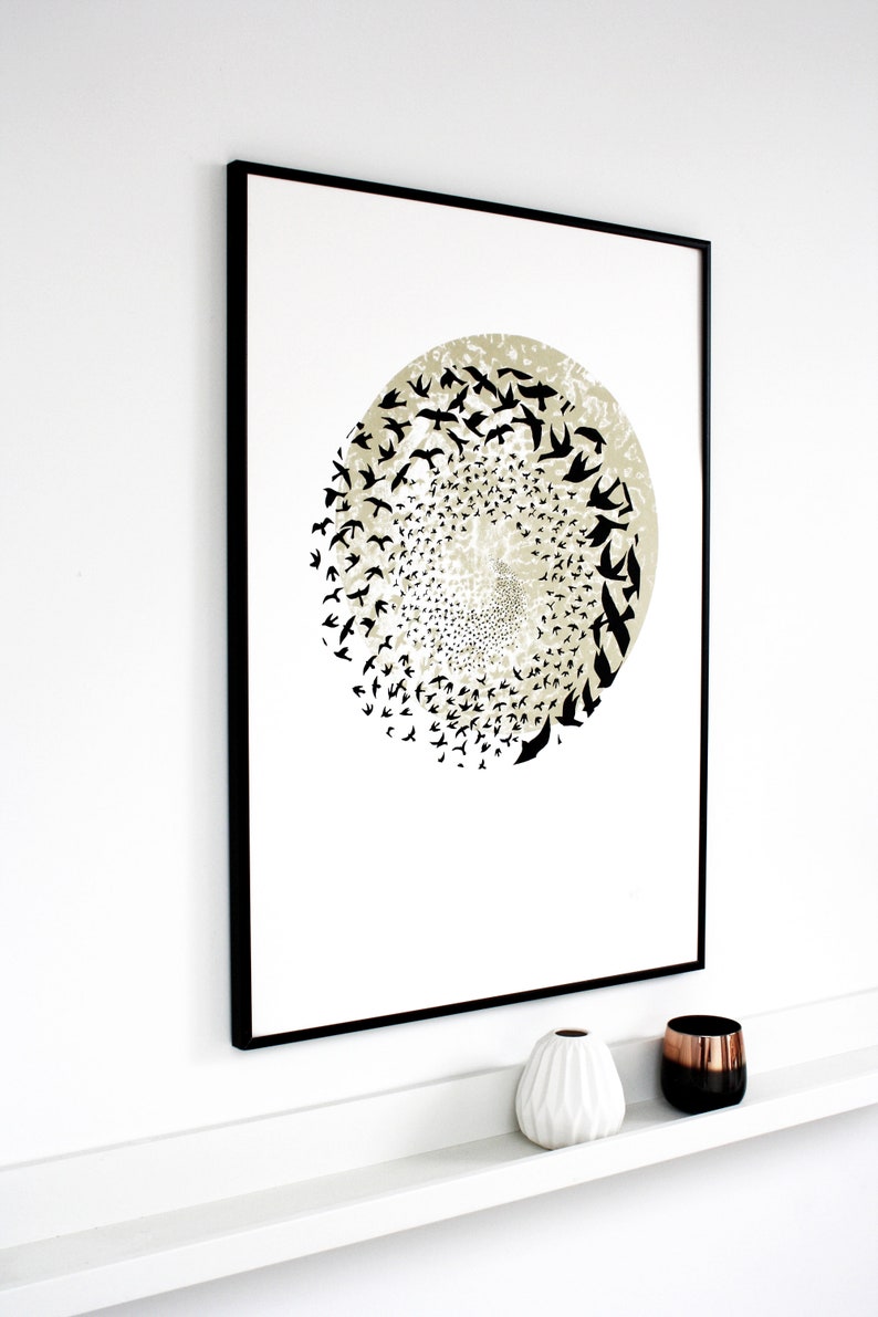 Murmuration art, hand printed screen print, Limited edition print, 50 x 70 bird print, black and gold poster print zdjęcie 4