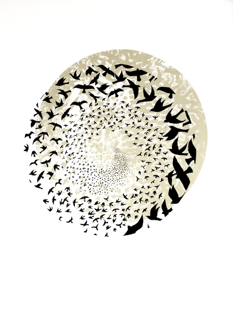 Murmuration art, hand printed screen print, Limited edition print, 50 x 70 bird print, black and gold poster print zdjęcie 2