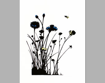 Floral print - hand printed art - limited edition screen print, cornflowers and buttercups, honeybee print - wildflowers