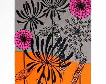 Floral print - Limited edition screen print - Original artwork - Hand printed flowers in orange and pink - Floral illustration