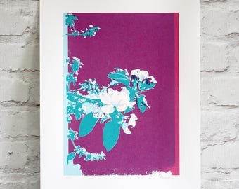 screen print - hand printed limited edition art - floral print - spring blossom art