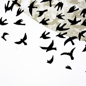 Murmuration art, hand printed screen print, Limited edition print, 50 x 70 bird print, black and gold poster print zdjęcie 5