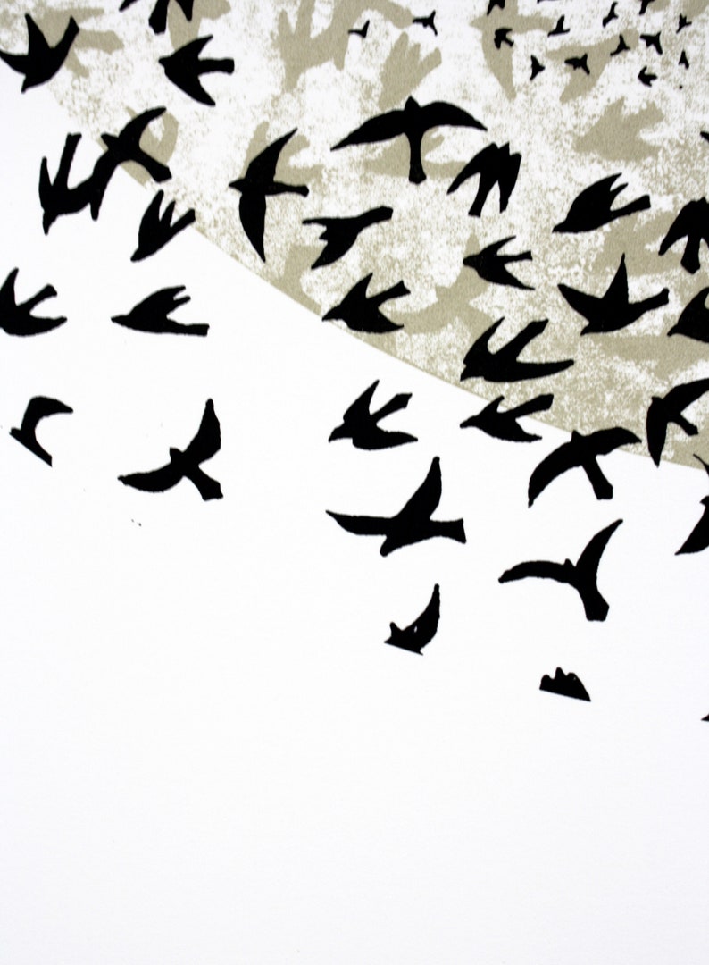 Murmuration art, hand printed screen print, Limited edition print, 50 x 70 bird print, black and gold poster print zdjęcie 5