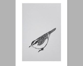 Bird screen print - Nuthatch artwork - hand printed garden bird - limited edition print - small wall print