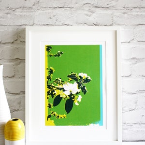Floral art, blossom screen print, hand printed art, limited edition Spring blossom print, green print image 3