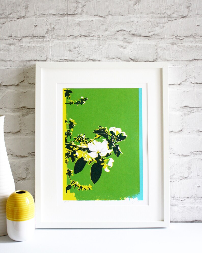 Floral art, blossom screen print, hand printed art, limited edition Spring blossom print, green print image 3