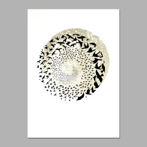 Murmuration art, hand printed screen print, Limited edition print, 50 x 70 bird print, black and gold poster print zdjęcie 1