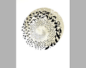 Murmuration art, hand printed screen print, Limited edition print, 50 x 70 bird print, black and gold poster print