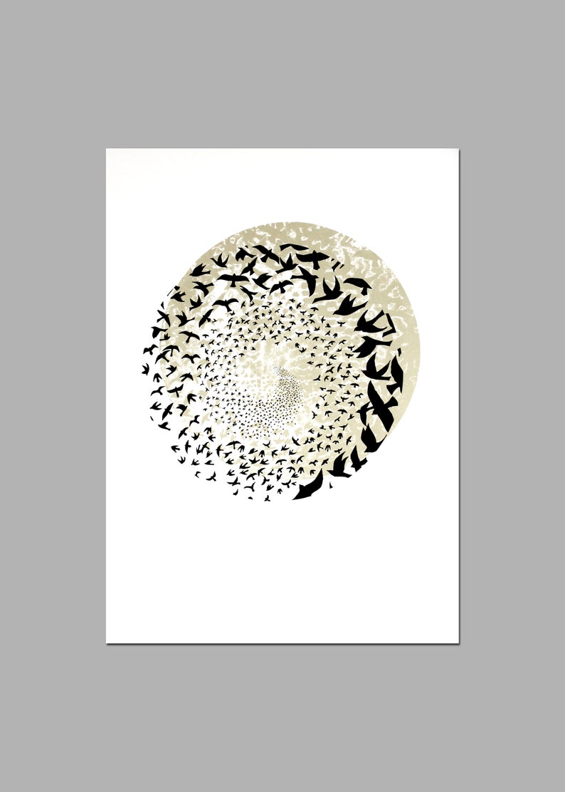 Murmuration art, hand printed screen print, Limited edition print, 50 x 70 bird print, black and gold poster print zdjęcie 1