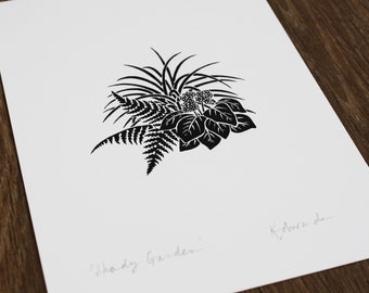 Garden Screen Print, Hand printed A5 Wall Print, Miniature Shady Garden Screen print, Nature Print, Ferns Grasses Berginia, Black And White