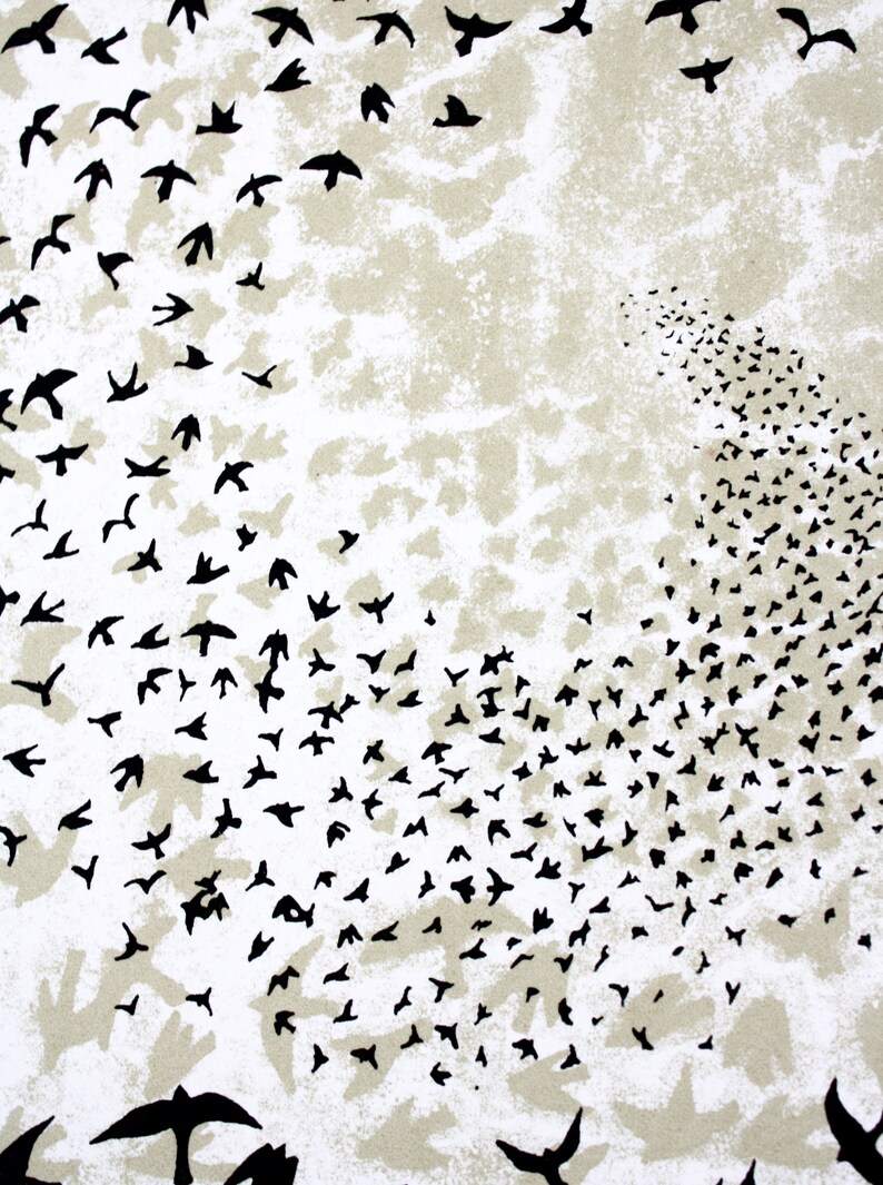 Murmuration art, hand printed screen print, Limited edition print, 50 x 70 bird print, black and gold poster print zdjęcie 7