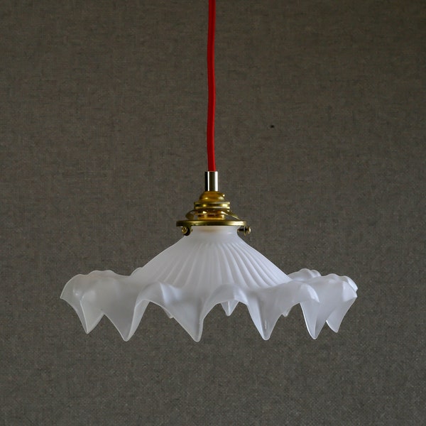 Antique french ceiling light in white translucid glass, french pendant lamp - circa 1930