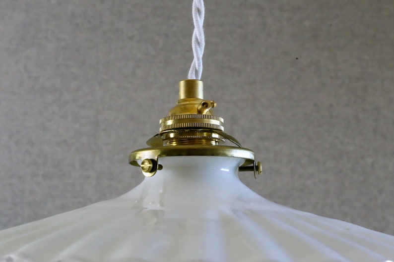Antique french ceiling light in white pleated glass, french pendant lamp new brass holder and socket new electric cable image 6