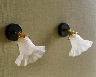 A set of 2 antique french wall mounted sconces lights in white translucid glass, french wall lamps - new brass holder and socket