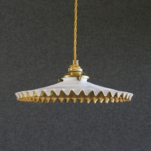 Antique french ceiling light in white and gold painted glass, french pendant lamp - new brass holder and socket  - new electric cable