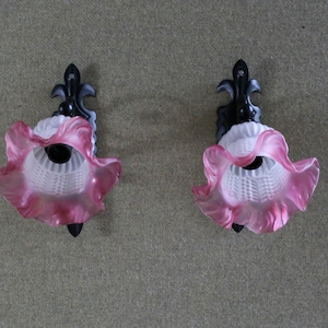 set of 2 antique french wall mounted sconces lights in white rose translucid glass, wall lamps - tulip white lights - painted support