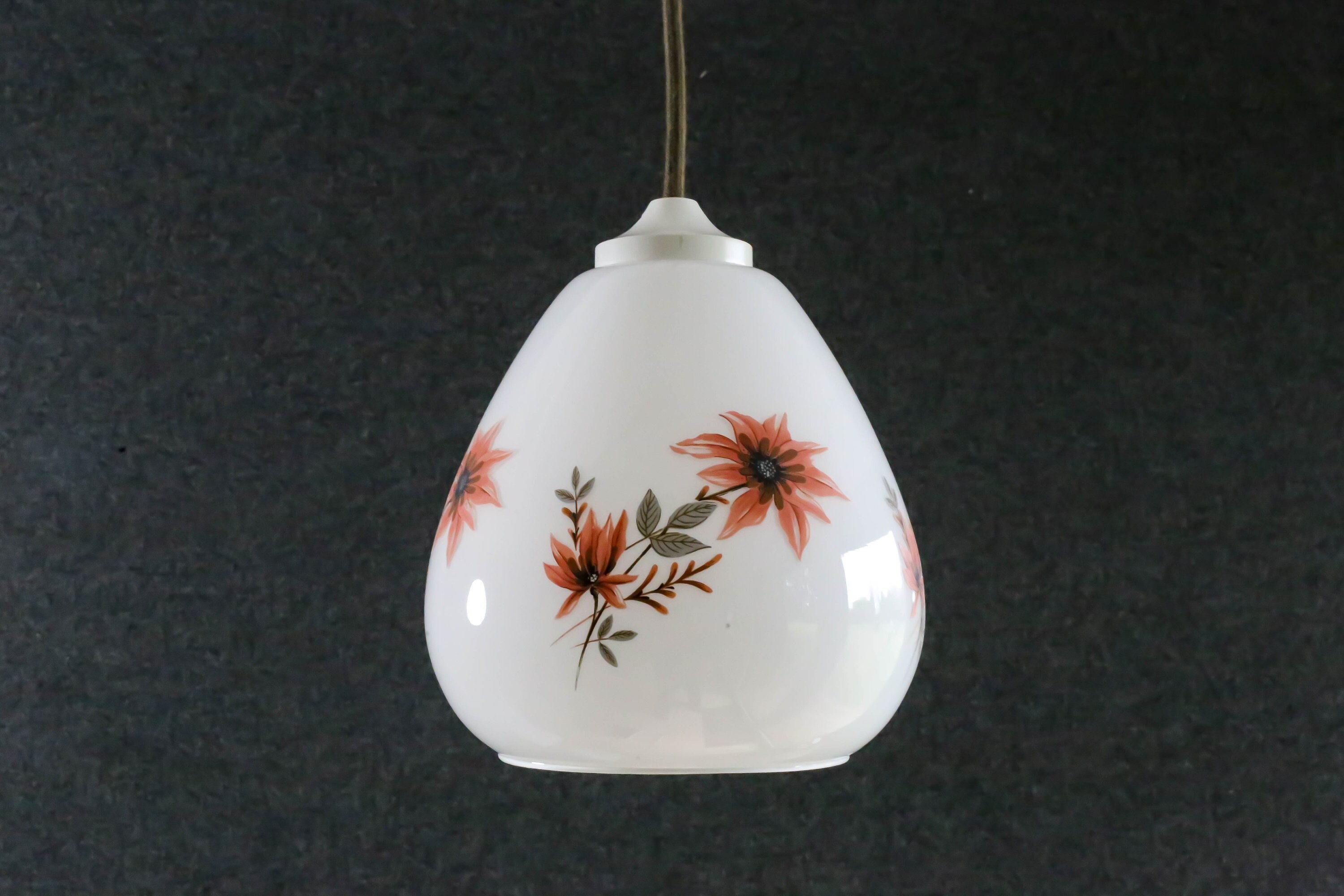 Antique French Ceiling Light in White Glass With A Flowered Decor, Pendant Lamp - Circa 1950