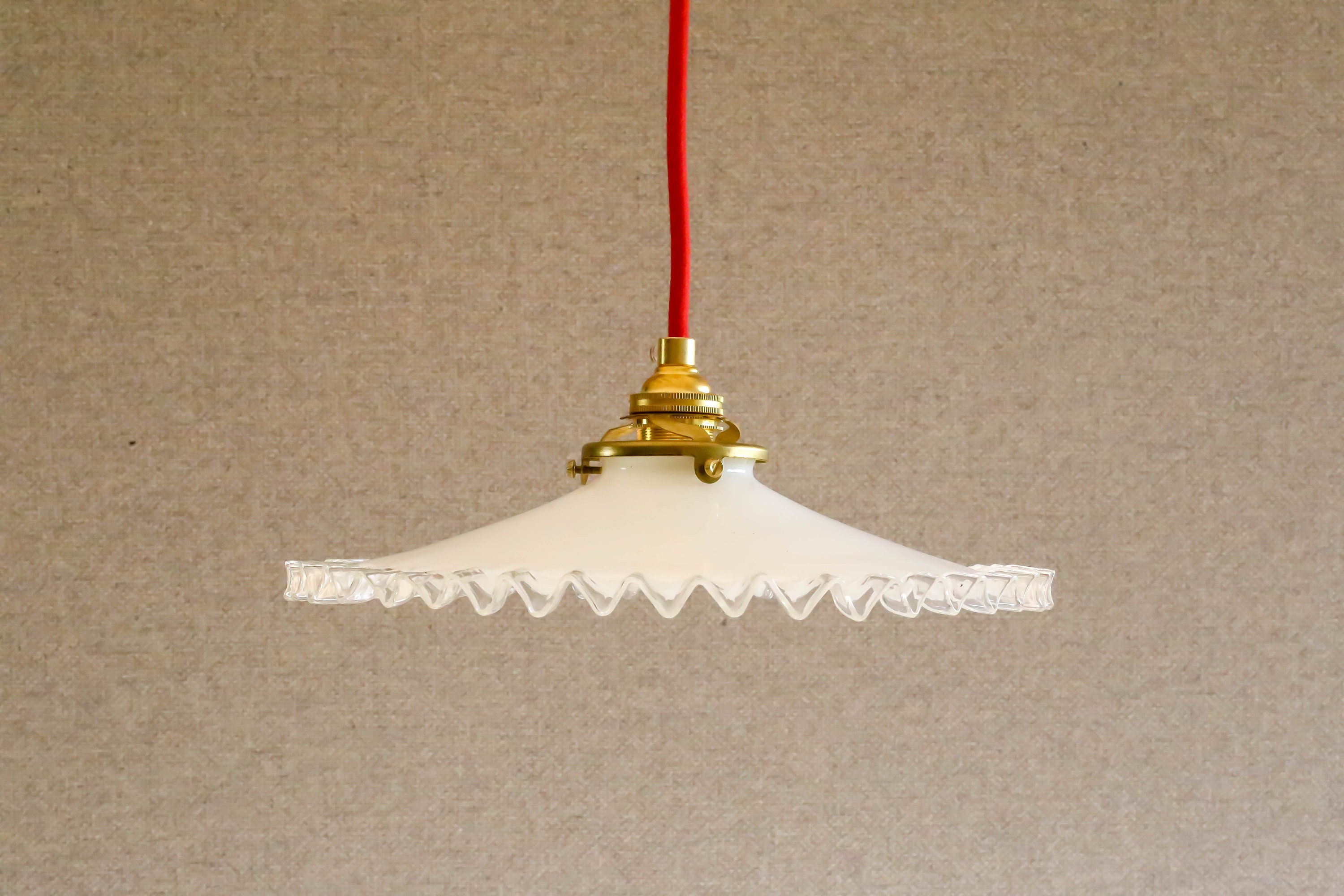 Antique French Ceiling Light in White Glass, Pendant Lamp - Opaline New Brass Holder & Socket Electr