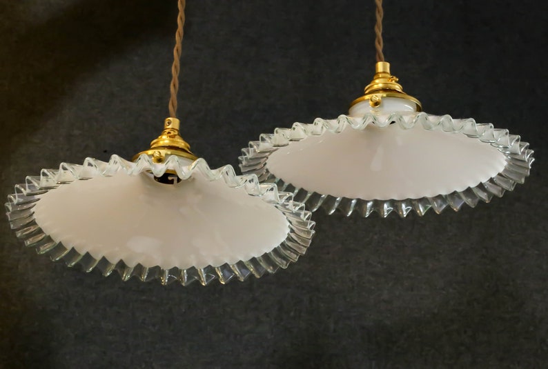 A set of 2 antique french ceiling lights in white folded glass, french pendant lamps opaline lights new brass holder and socket image 5