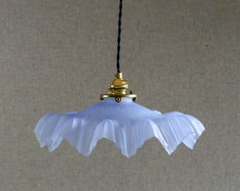 Antique french ceiling light in blue translucid glass, french pendant lamp - circa 1930