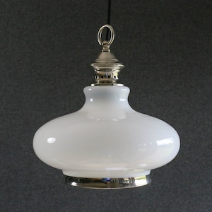 Antique french semi round ceiling light in white glass with silver metal support, french pendant lamp - circa 1950