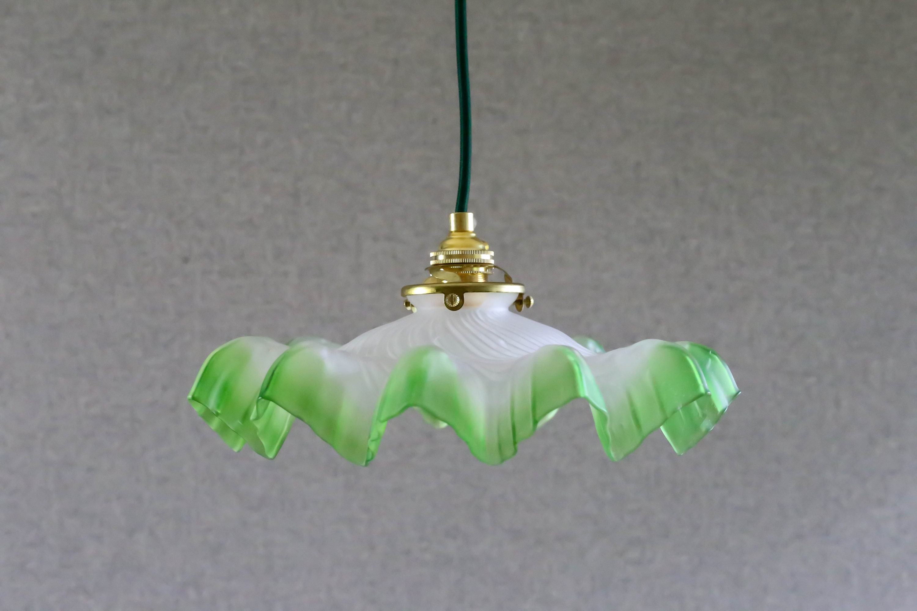 Antique French Ceiling Light in White & Green Translucid Glass, Pendant Lamp - Circa 1930