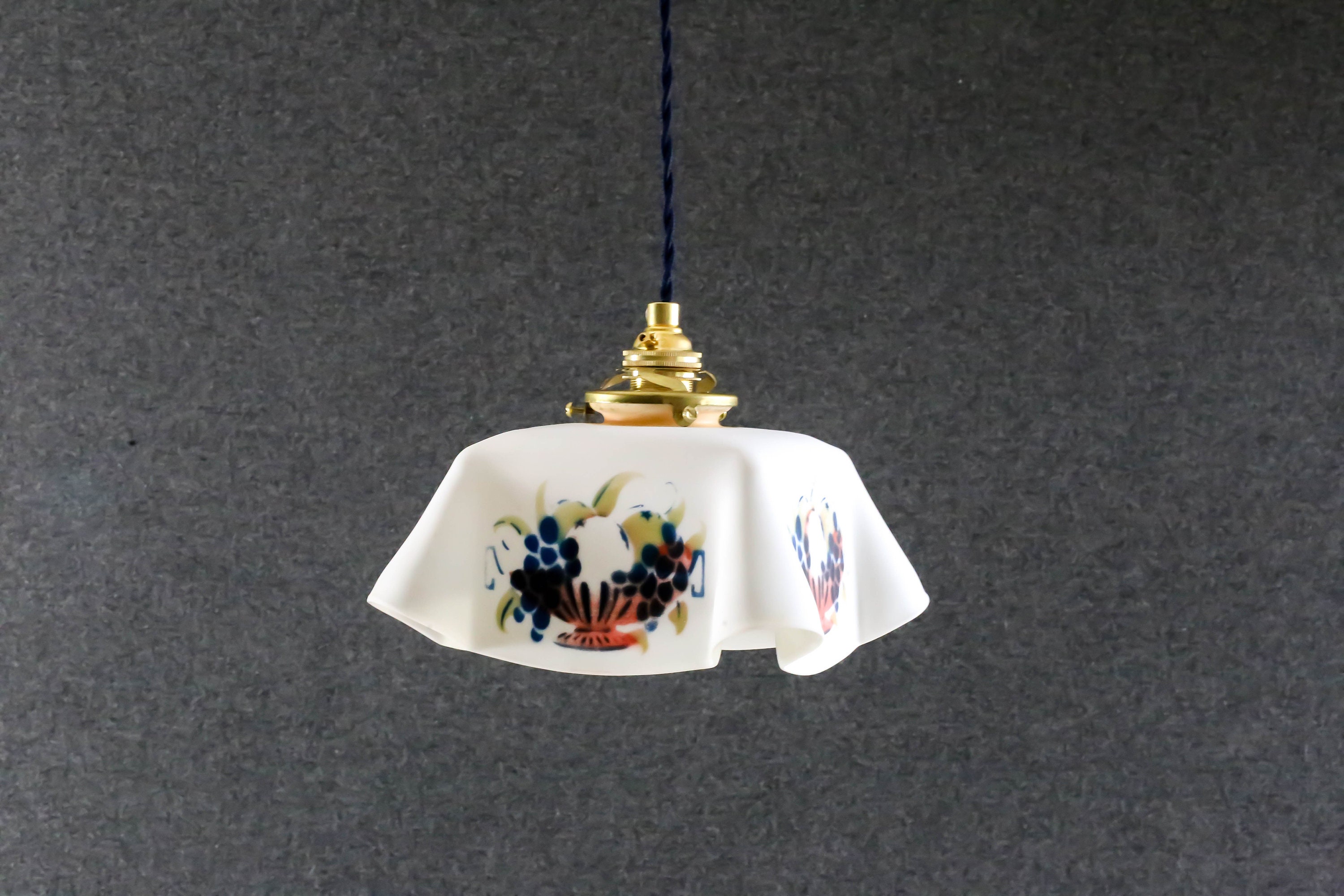 Antique French Ceiling Light in White Glass, Colored Fruits, Pendant Lamp - Circa 1940