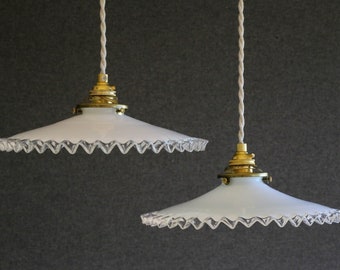 A set of 2 antique french ceiling lights in white folded glass, french pendant lamps - opaline lights - new brass holder and socket