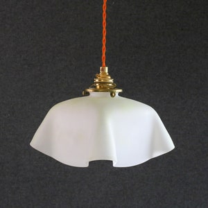 Antique french ceiling light in white glass with a red translucid net, french pendant lamp - circa 1940