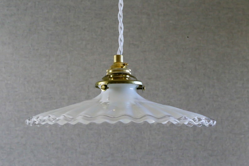 Antique french ceiling light in white pleated glass, french pendant lamp new brass holder and socket new electric cable image 5