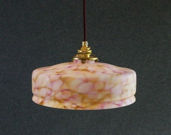 Antieke Franse plafondlamp in roze doorschijnend marmeren glas - Franse hanglamp - Belle Epoque 1910 - zeer zeldzaam model