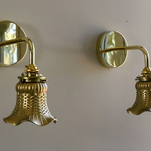 set of 2 antique french wall mounted sconces lights in gold painted glass, wall lamps - tulip white lights - new metal brass holder