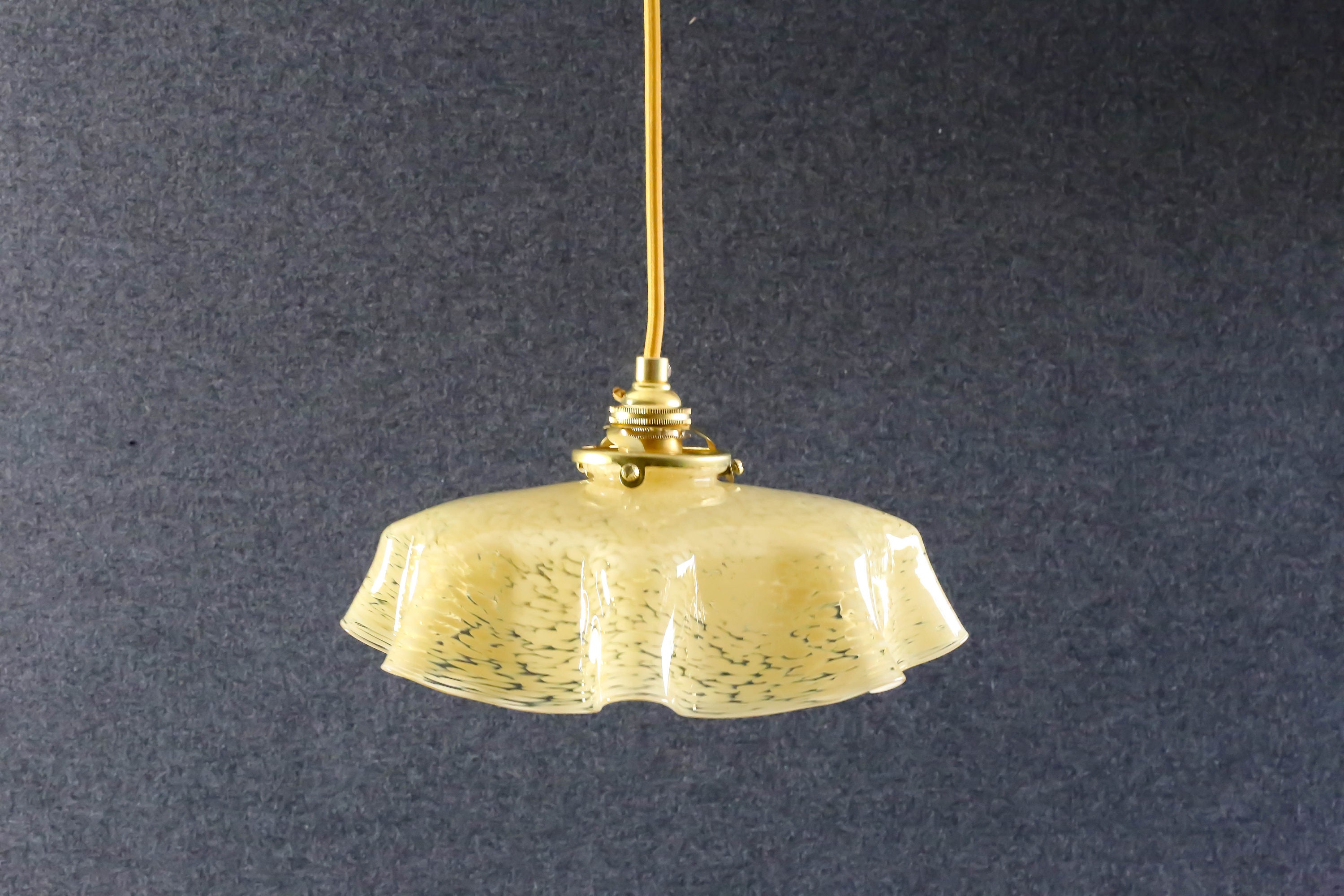 Antique French Ceiling Light in Yellow Clichy Glass, Pendant Lamp - Circa 1950