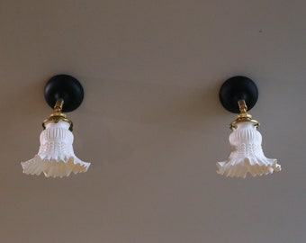 A set of 2 antique french wall mounted sconces lights in golden translucid glass, wall lamps - lights - new brass holder and socket