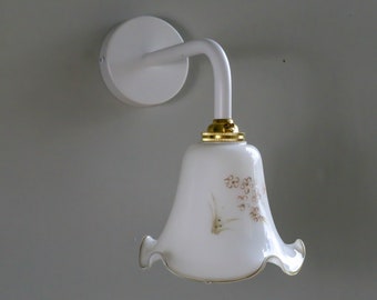 antique french wall mounted sconce light in white glass with a golden vegetal decor, wall lamp - tulip light