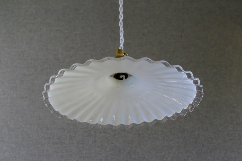 Antique french ceiling light in white pleated glass, french pendant lamp new brass holder and socket new electric cable image 3