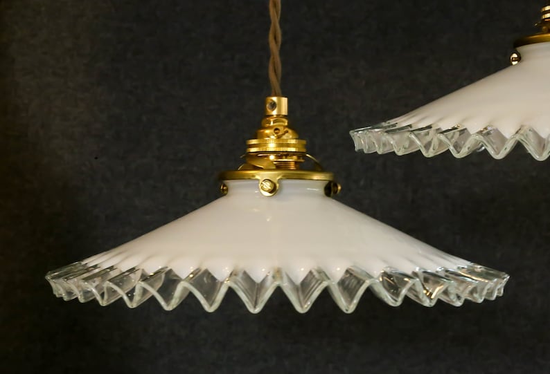 A set of 2 antique french ceiling lights in white folded glass, french pendant lamps opaline lights new brass holder and socket image 9