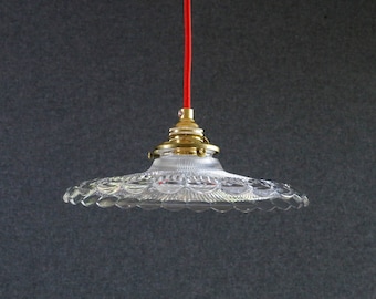 Antieke Franse plafondlamp in doorschijnend glas, Franse hanglamp - nieuwe koperen houder en fitting - nieuwe elektrische kabel
