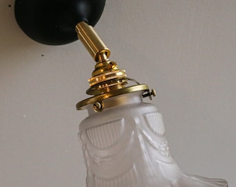 antique french wall mounted sconce light in translucid blue glass with golden nets, wall lamp - new brass holder, ceramic rosace  and socket