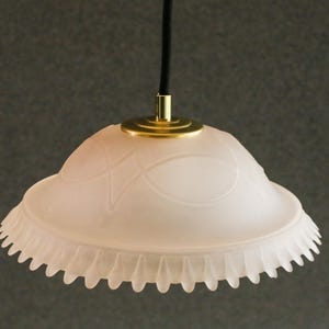 Antique french ceiling light in translucid engraved white glass, french pendant lamp - 50&#39;s design