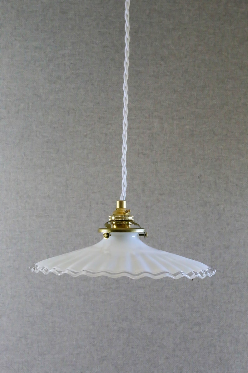 Antique french ceiling light in white pleated glass, french pendant lamp new brass holder and socket new electric cable image 8