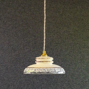 Antique french ceiling light in white and translucid glass, french pendant lamp - circa 1950