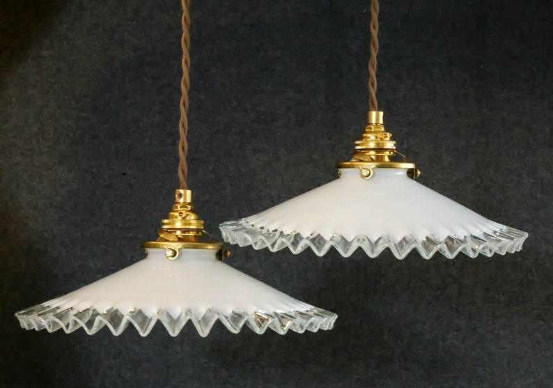 A set of 2 antique french ceiling lights in white folded glass, french pendant lamps opaline lights new brass holder and socket image 3