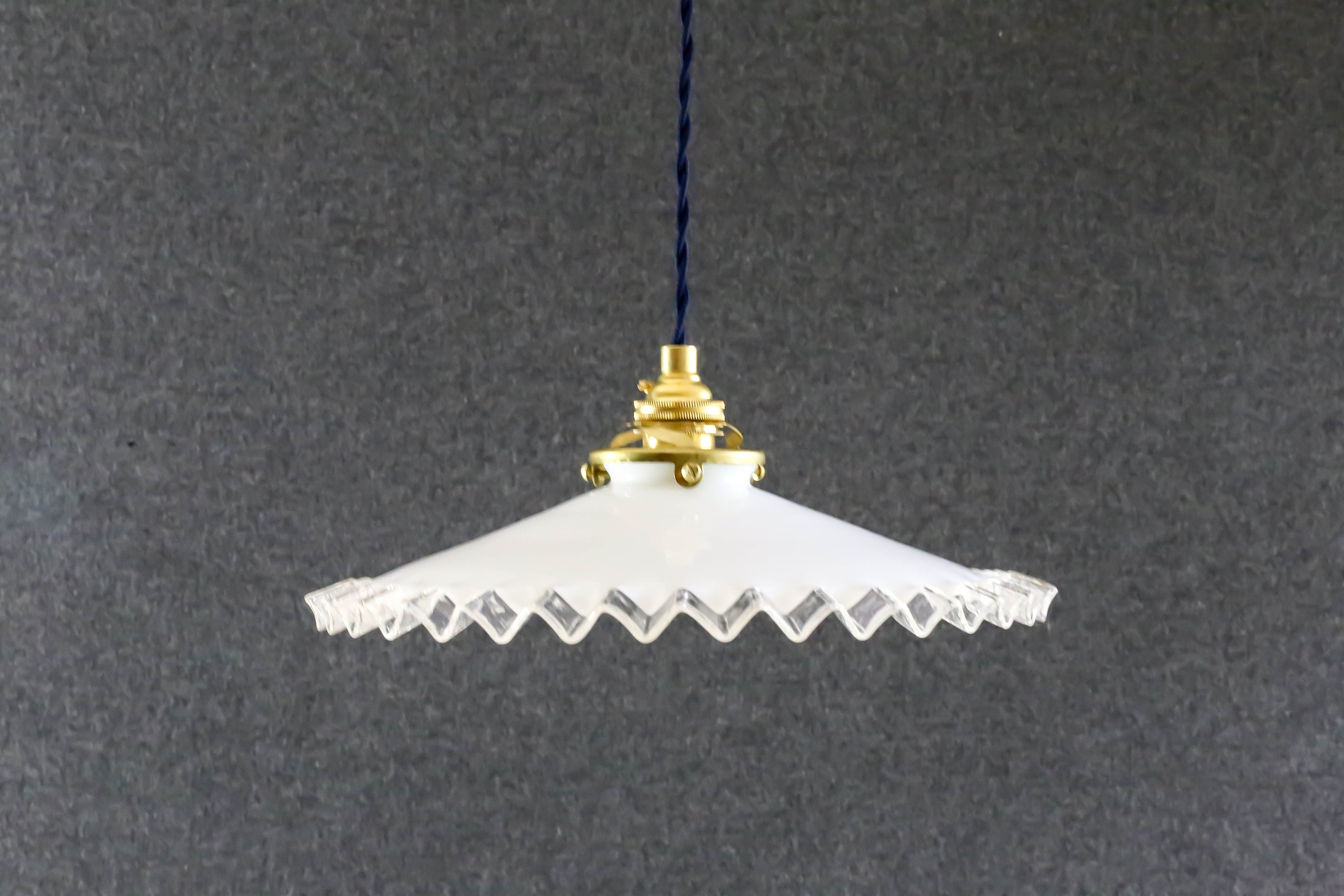 Antique French Ceiling Light in White Glass, Pendant Lamp - Opaline New Brass Holder & Socket Electr