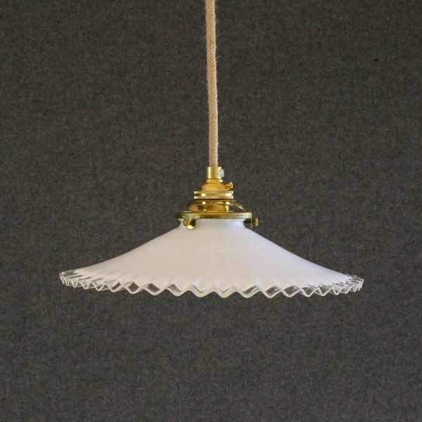 Antique french ceiling lamp in white glass, opaline french pendant lamp shade - rustic hanging lamp